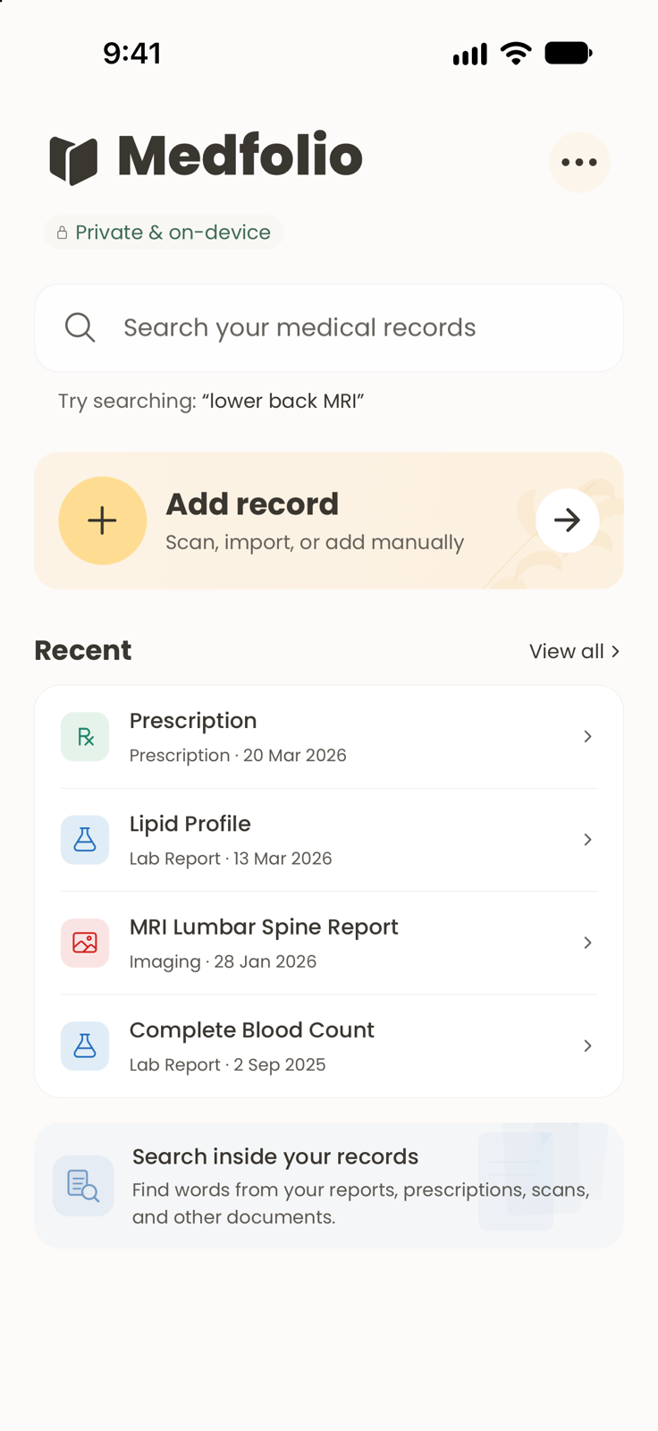 Medfolio home showing sample lab reports, an MRI, and a prescription, with search and add record actions.