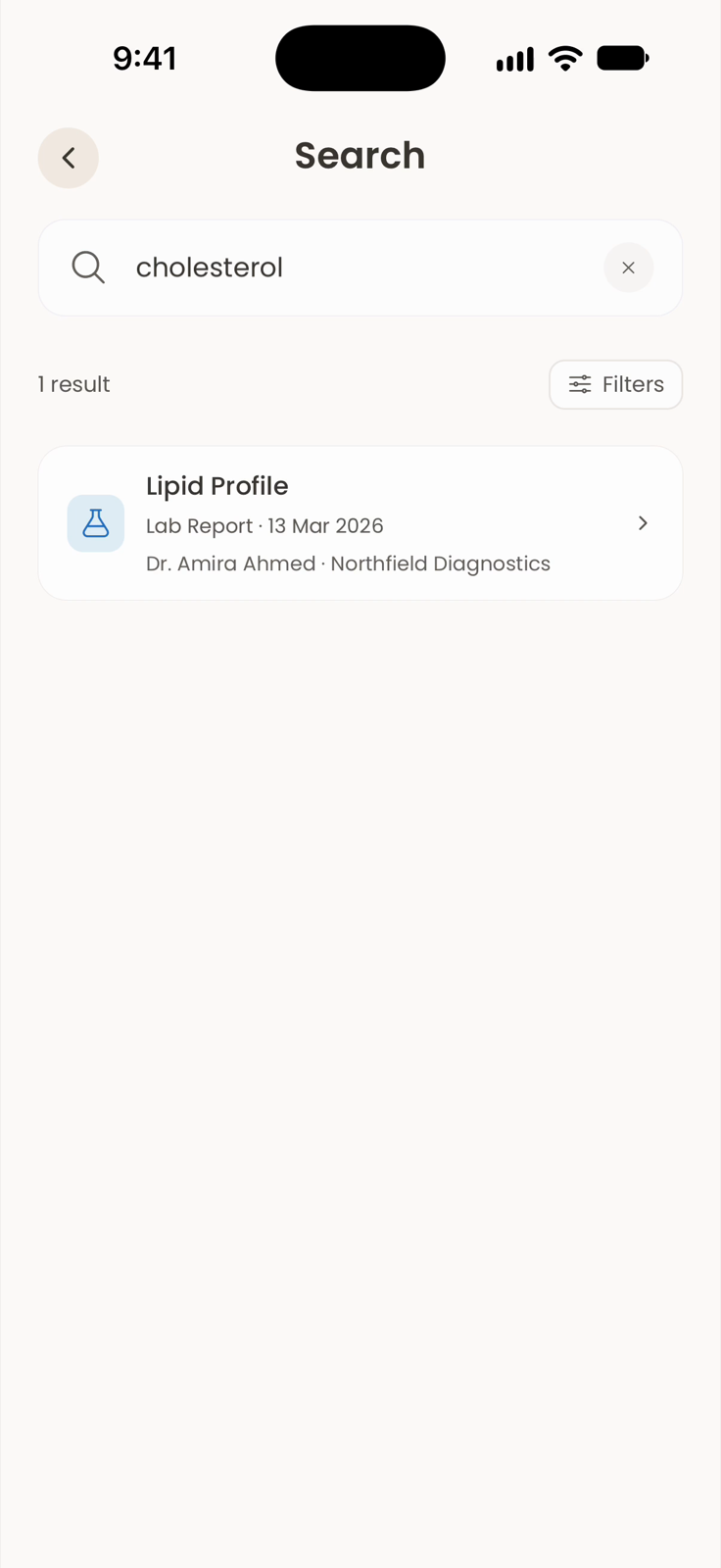 A search for cholesterol finds the sample Lipid Profile report in Medfolio.